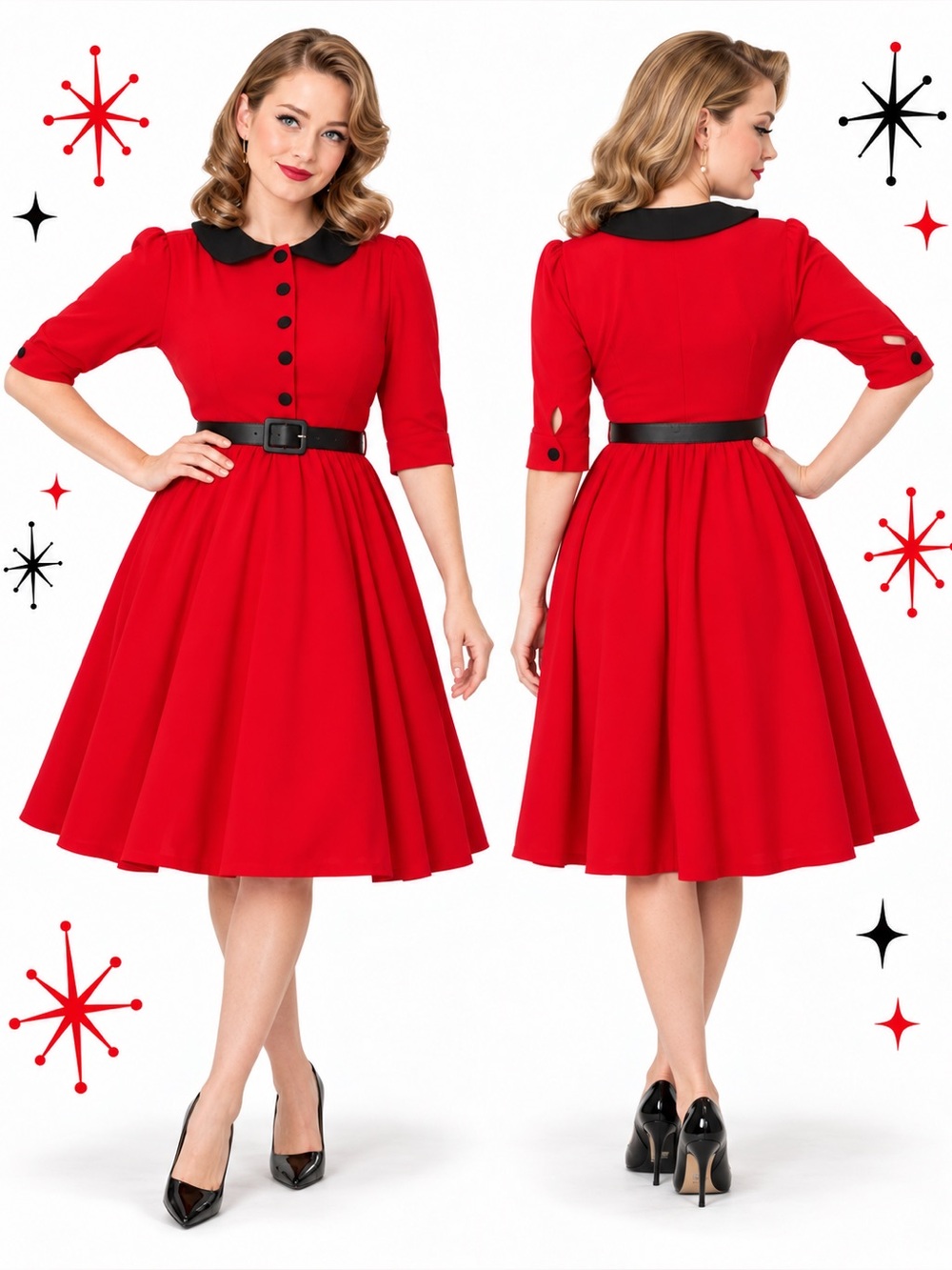 Unique Vintage 50s Red & Black Long Sleeve Collared Belted Swing Dress, XL, NWT!
